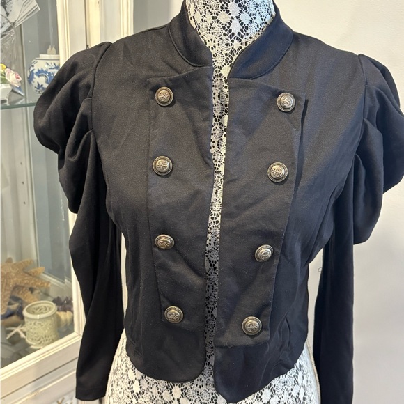 Love J Black Military Anchor Brass Tone Buttons Crop Blazer with Puff Sleeves - Picture 4 of 11